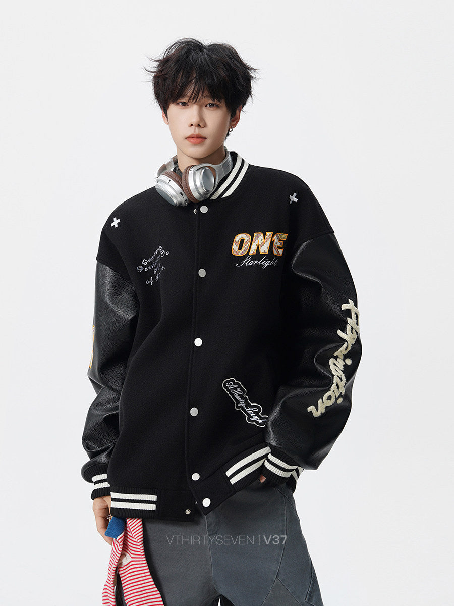 COLOR CLASHING VARSITY JACKET WITH PATCHES - STREETWEAR OVERSIZED BOMBER COAT EHW5024