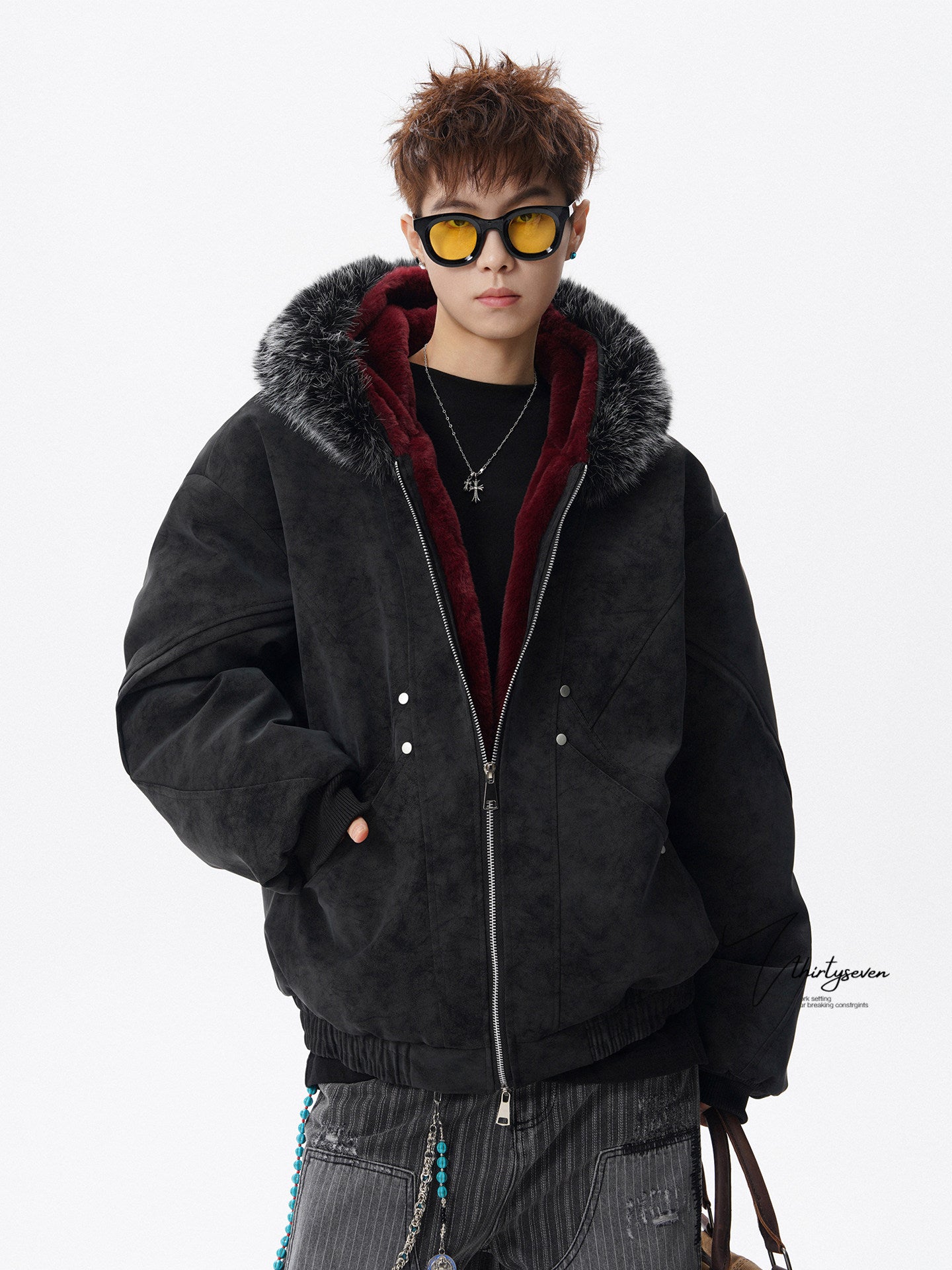 Y2K HIP HOP STYLE FAUX FUR TRIM HOODED JACKET EHW5029