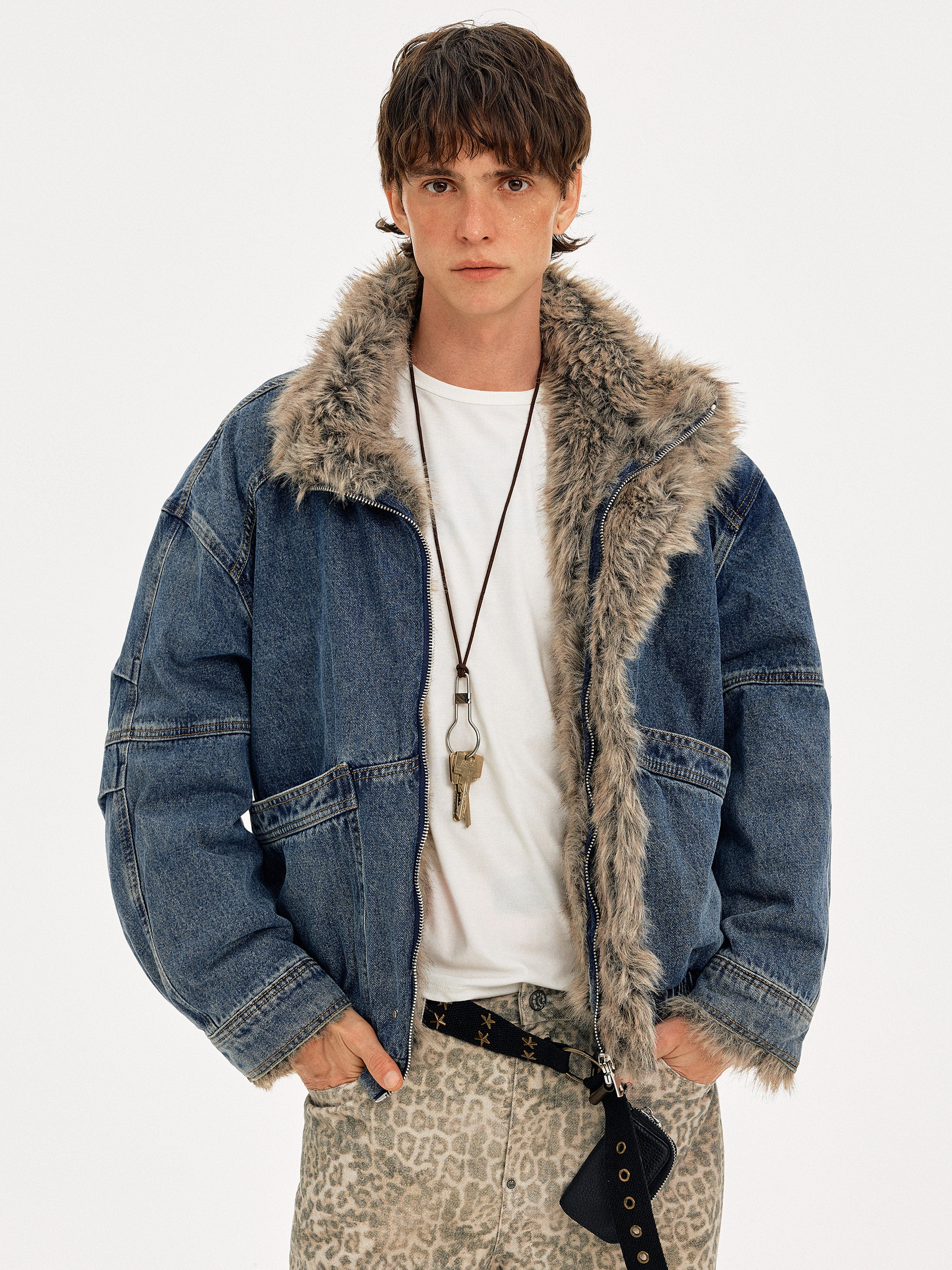 VINTAGE WASHED DENIM BOMBER WITH FUR COLLAR EHW5044