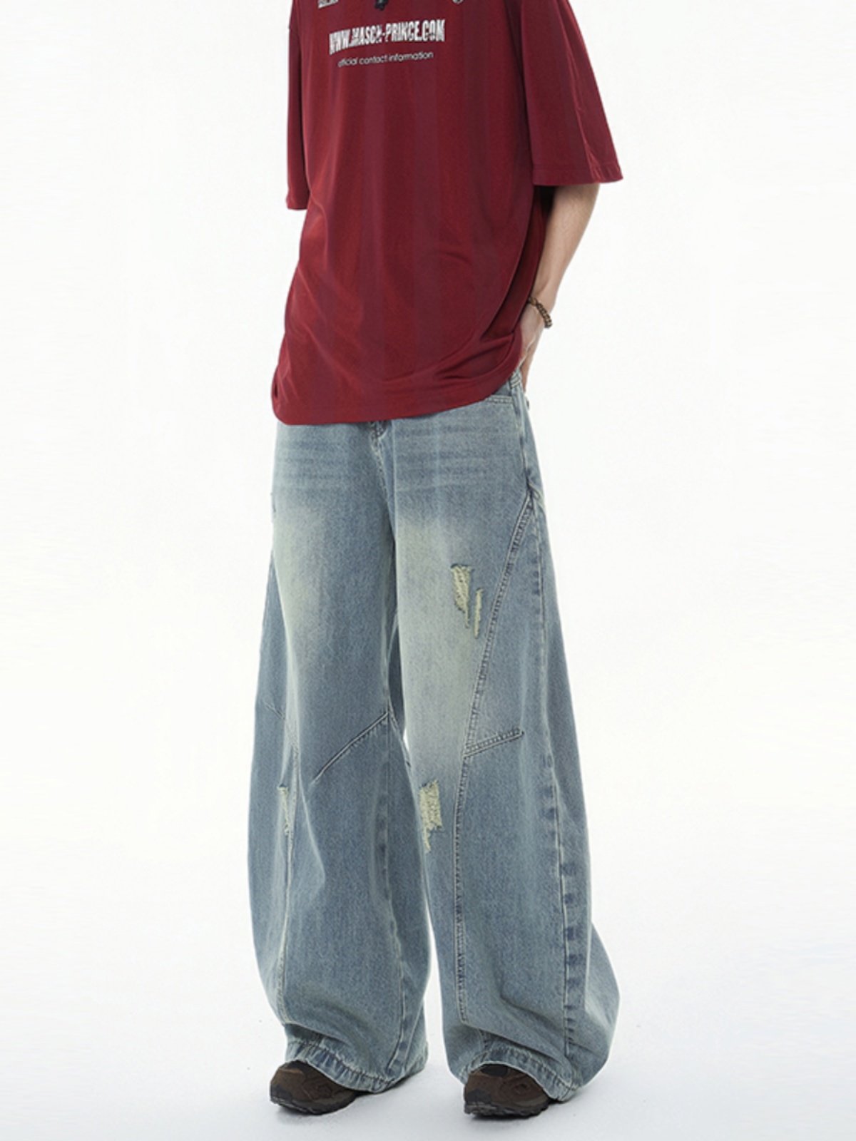 아메리칸 빈티지 찢어진 배기 와이드 레그 진 - 디스트레스드 플레어 컷 데님 팬츠 EHK5024