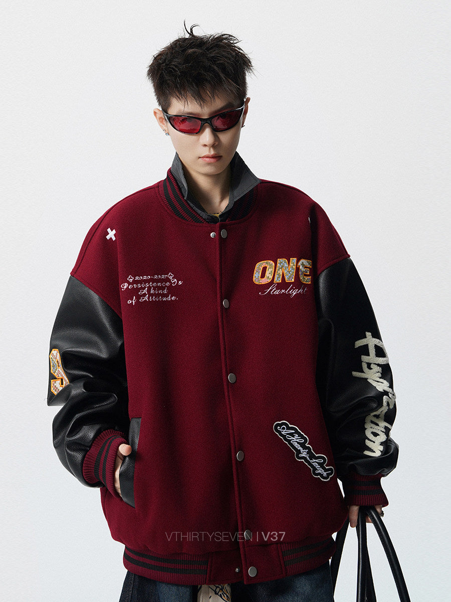 COLOR CLASHING VARSITY JACKET WITH PATCHES - STREETWEAR OVERSIZED BOMBER COAT EHW5024