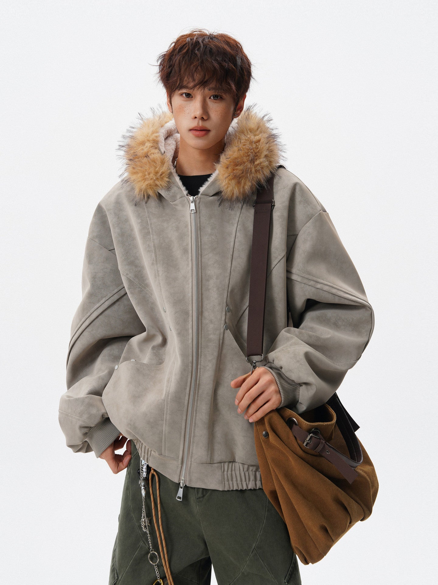 Y2K HIP HOP STYLE FAUX FUR TRIM HOODED JACKET EHW5029