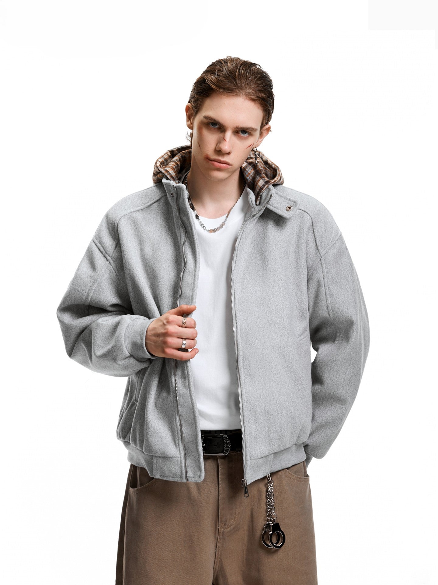 PLAID LINED HOODED BOMBER JACKET EHW5058