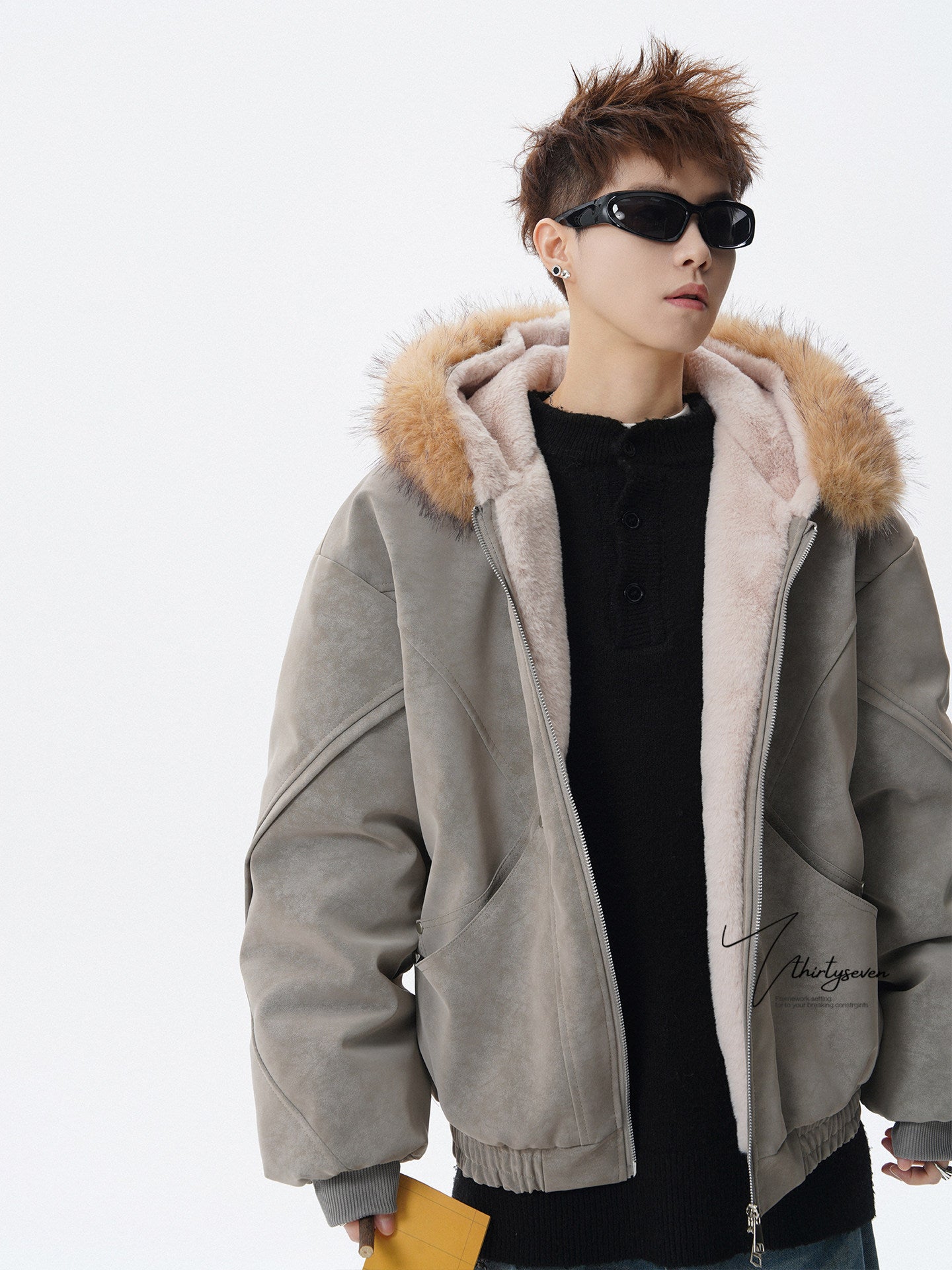 Y2K HIP HOP STYLE FAUX FUR TRIM HOODED JACKET EHW5029