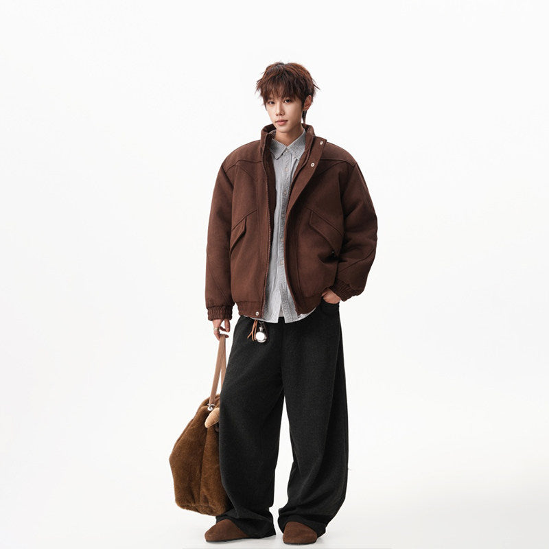 Suede Stand Collar Bomber Jacket Men's Casual Winter Coat EHW5037