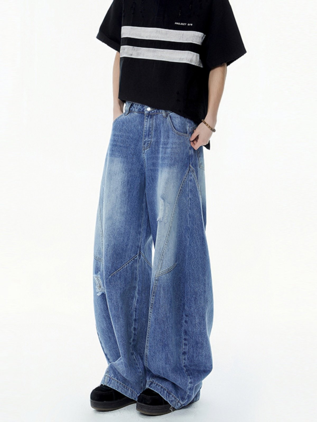 아메리칸 빈티지 찢어진 배기 와이드 레그 진 - 디스트레스드 플레어 컷 데님 팬츠 EHK5024
