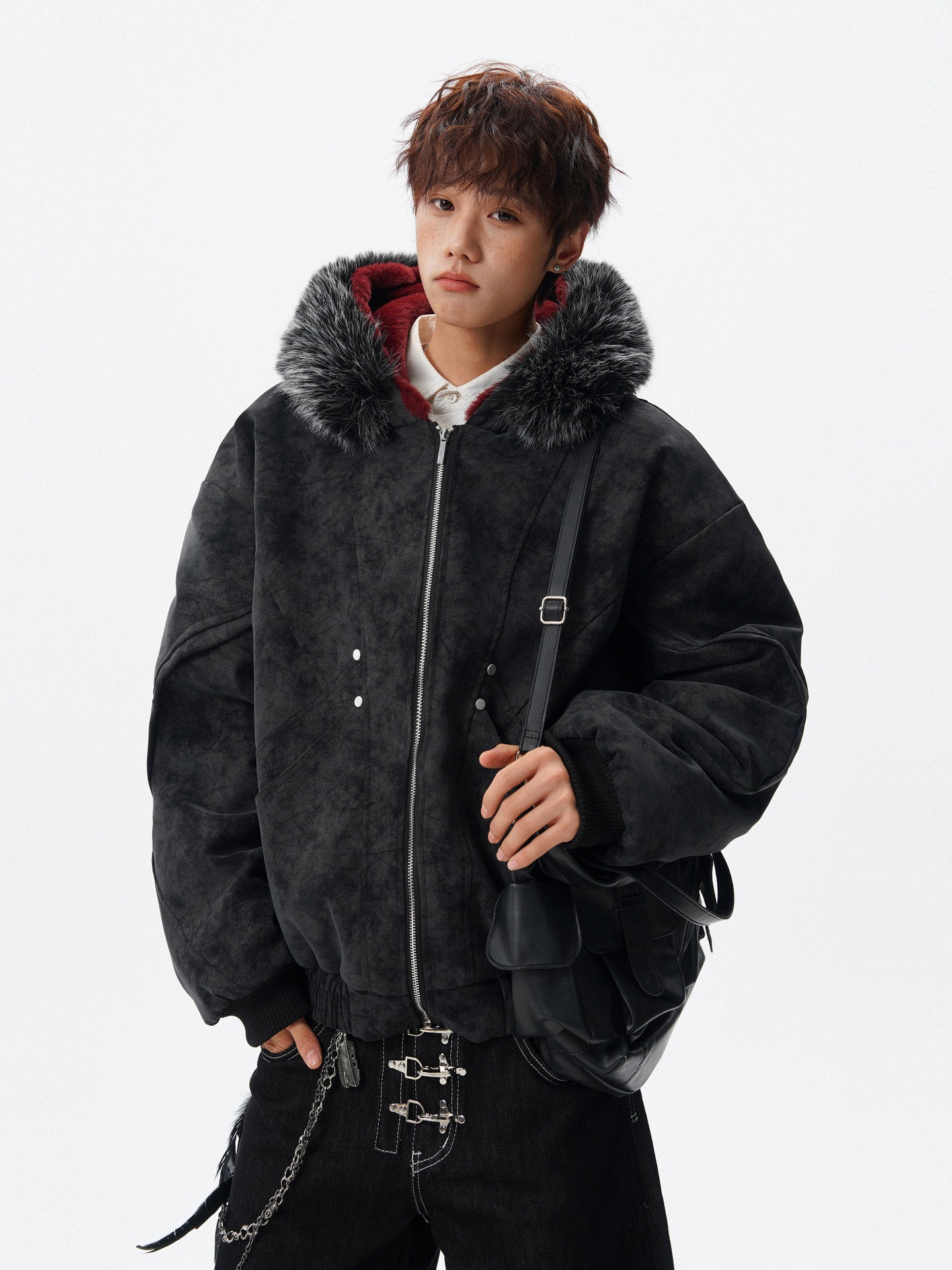 Y2K HIP HOP STYLE FAUX FUR TRIM HOODED JACKET EHW5029