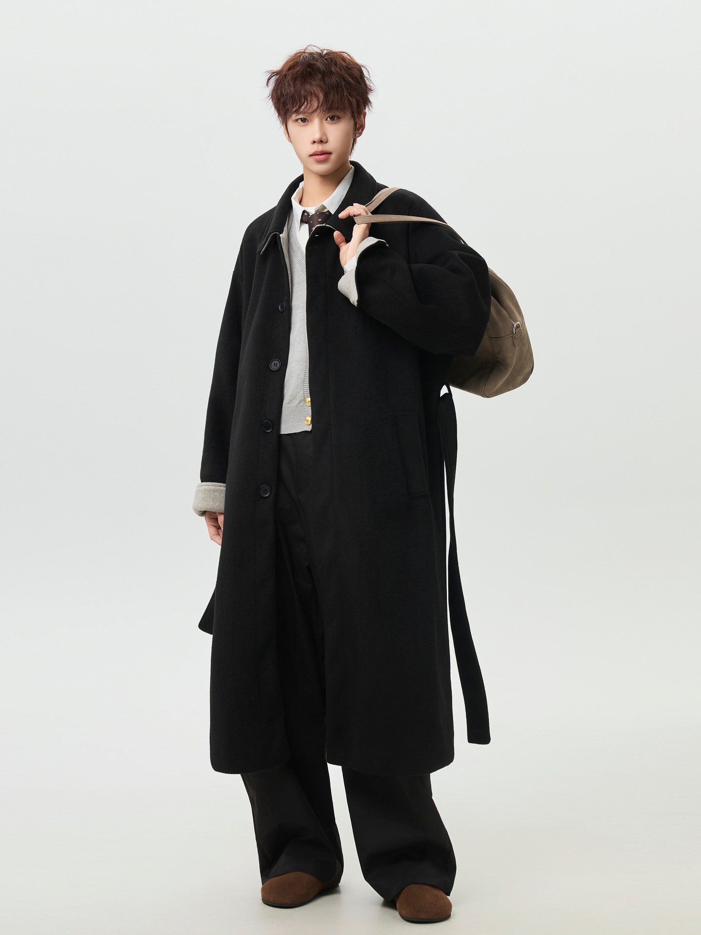 남성용 베이지 오버사이즈 울 트렌치 코트 - 레트로 롱라인 스타일 EHW5019