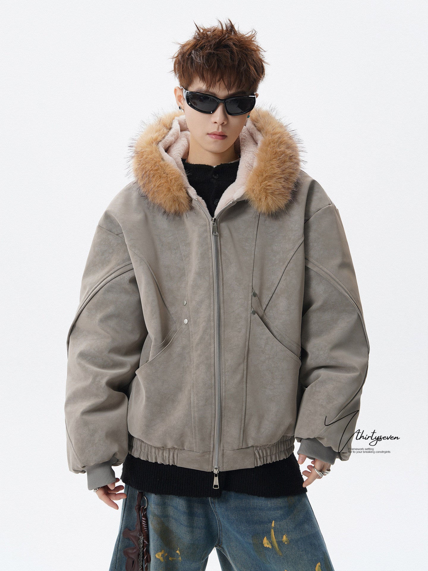 Y2K HIP HOP STYLE FAUX FUR TRIM HOODED JACKET EHW5029