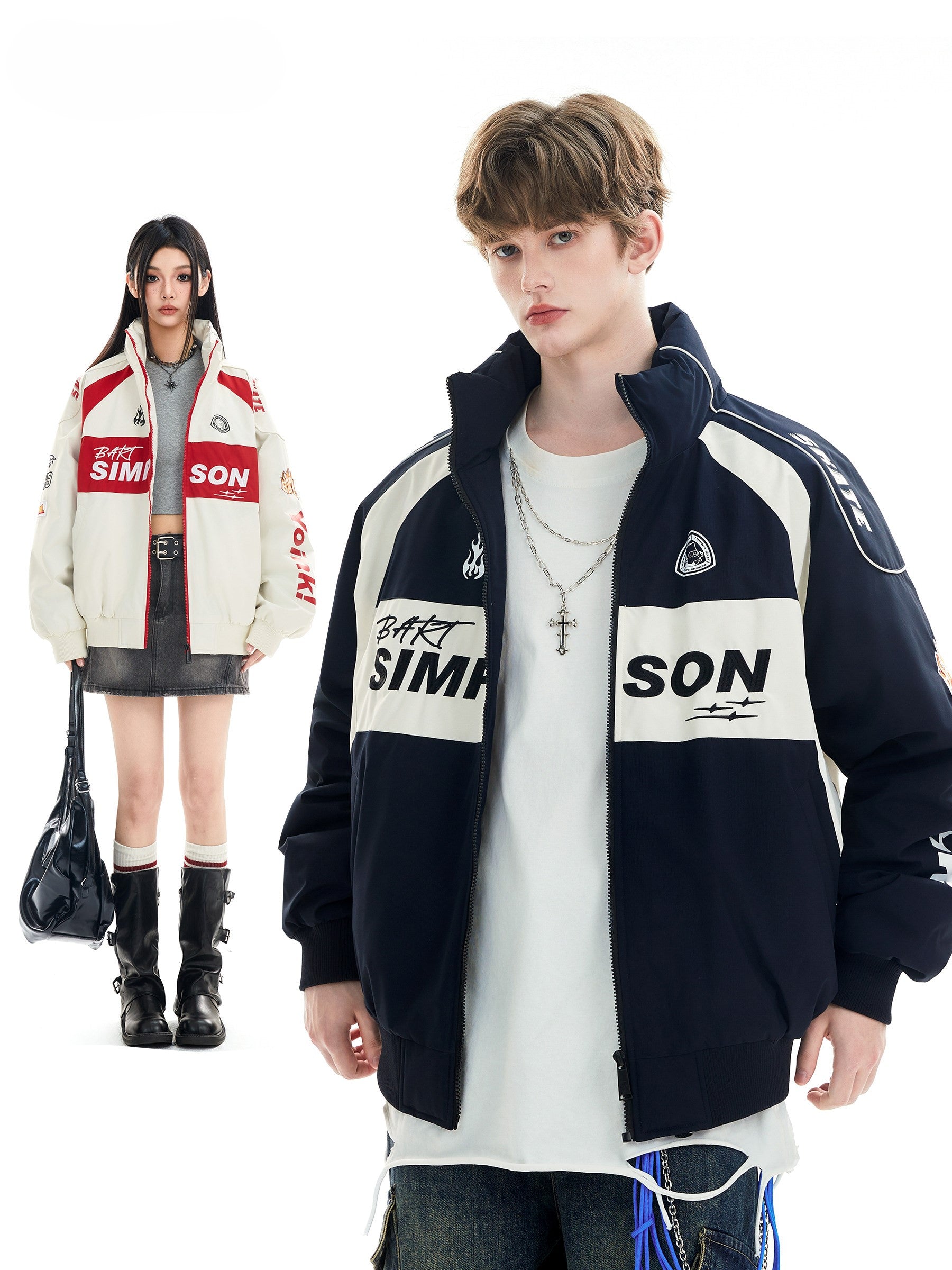 COLOR BLOCK PUFFER JACKET MEN'S STREETWEAR LETTER PRINT OVERSIZED COAT EHW5035