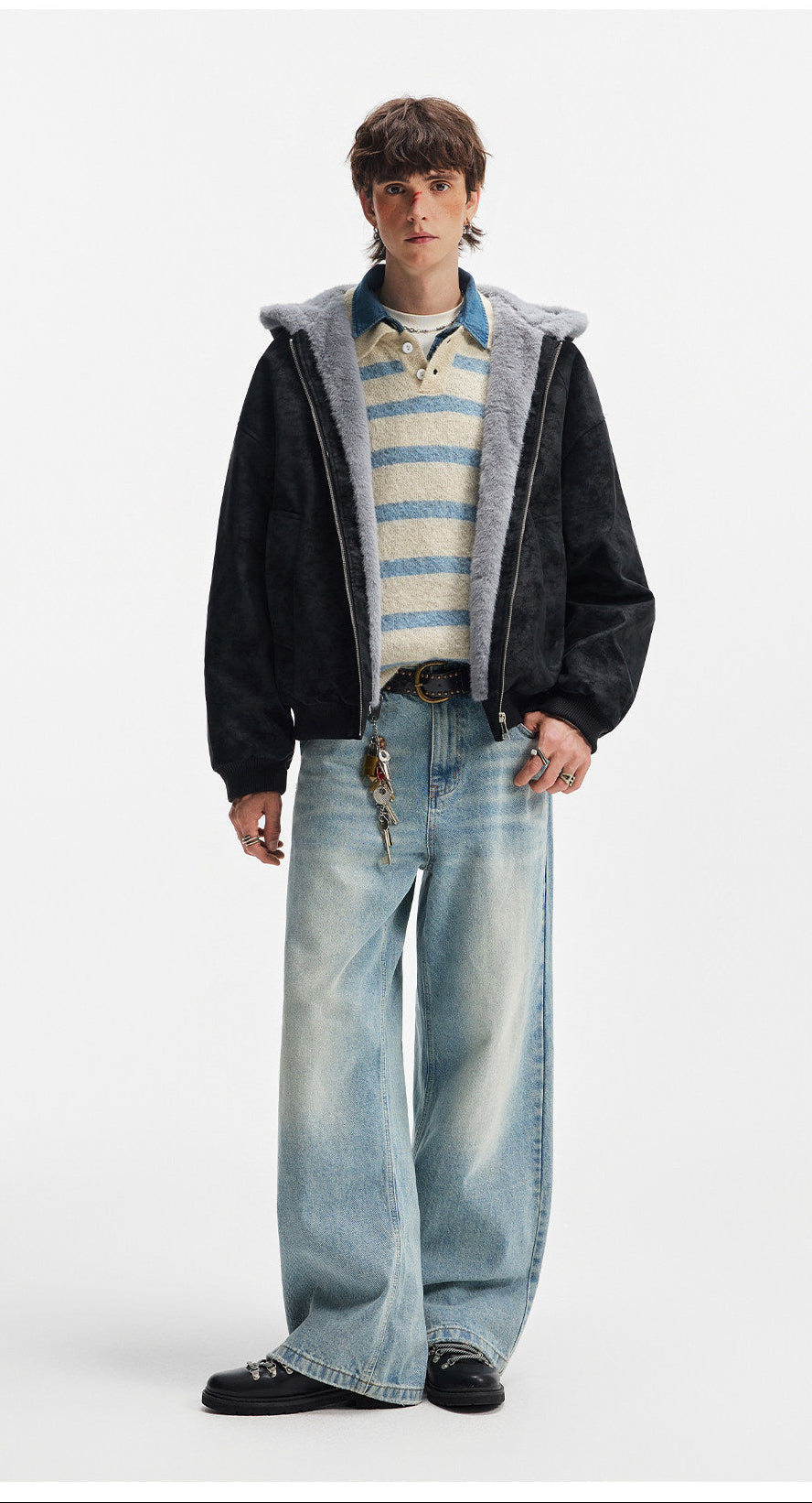 남녀공용 인조 모피 후드 스웨이드 재킷 - 스트릿웨어 지퍼 코트 EHW5028