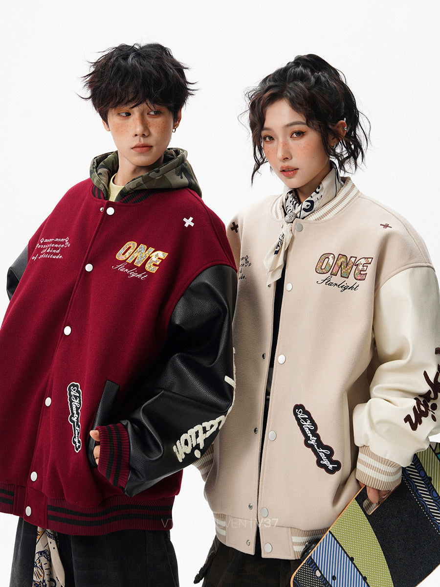 COLOR CLASHING VARSITY JACKET WITH PATCHES - STREETWEAR OVERSIZED BOMBER COAT EHW5024