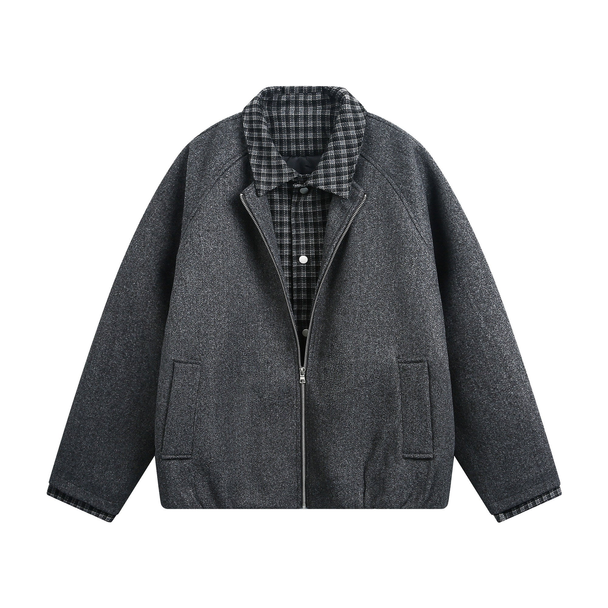 VINTAGE TWO-IN-ONE PLAID COLLR BOMBER OVERSIZED UNISEX STREET JACKET EHW5003