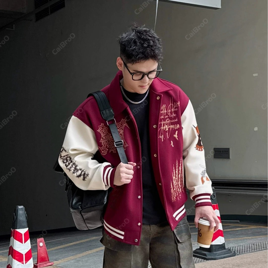 VINTAGE EMBROIDERED VARSITY JACKET-MEN'S RETRO STREETWEAR EHW5021