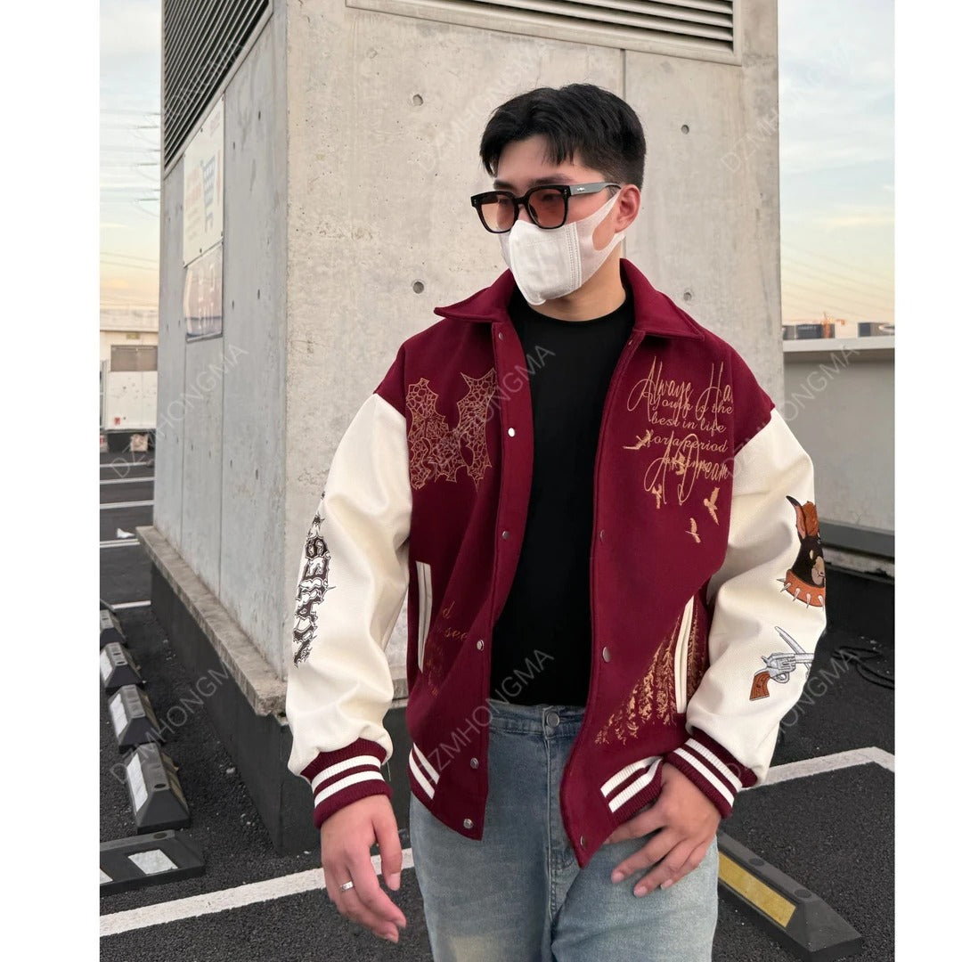 VINTAGE EMBROIDERED VARSITY JACKET-MEN'S RETRO STREETWEAR EHW5021