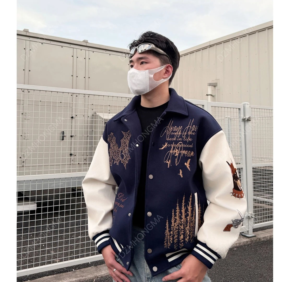 VINTAGE EMBROIDERED VARSITY JACKET-MEN'S RETRO STREETWEAR EHW5021
