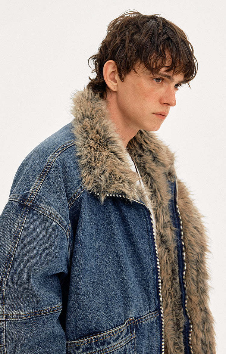 VINTAGE WASHED DENIM BOMBER WITH FUR COLLAR EHW5044