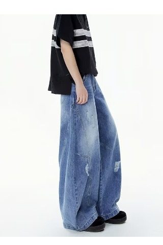 아메리칸 빈티지 찢어진 배기 와이드 레그 진 - 디스트레스드 플레어 컷 데님 팬츠 EHK5024
