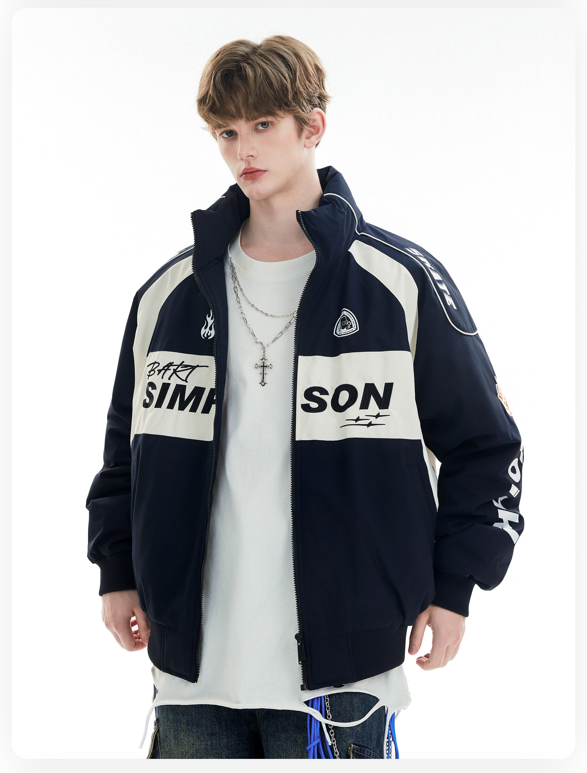 COLOR BLOCK PUFFER JACKET MEN'S STREETWEAR LETTER PRINT OVERSIZED COAT EHW5035