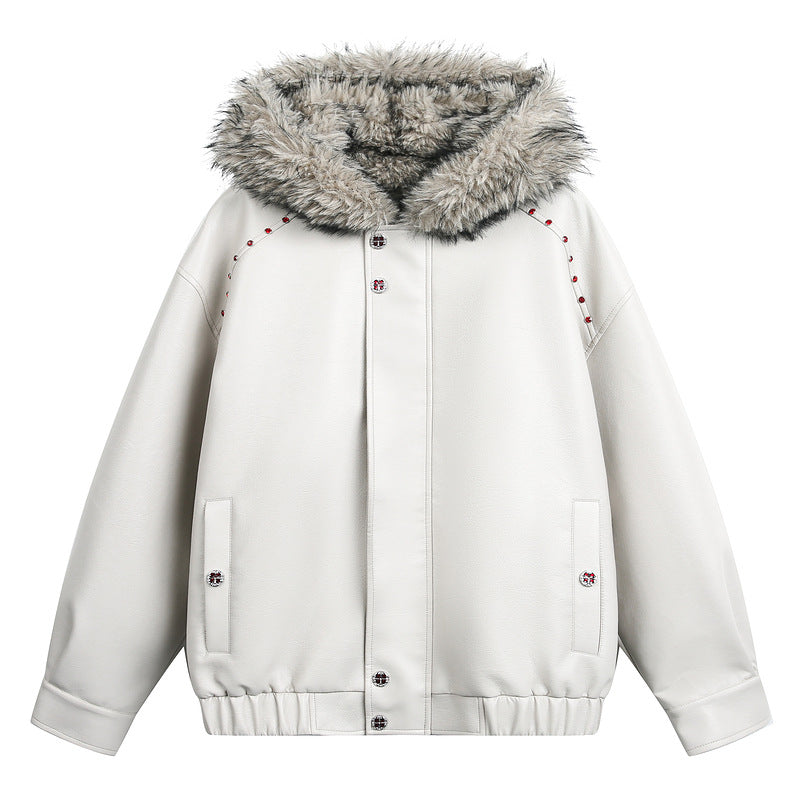 FAUX LEATHER FUZZY HOODED JACKET - EDGY STUDDED COAT EHW5026