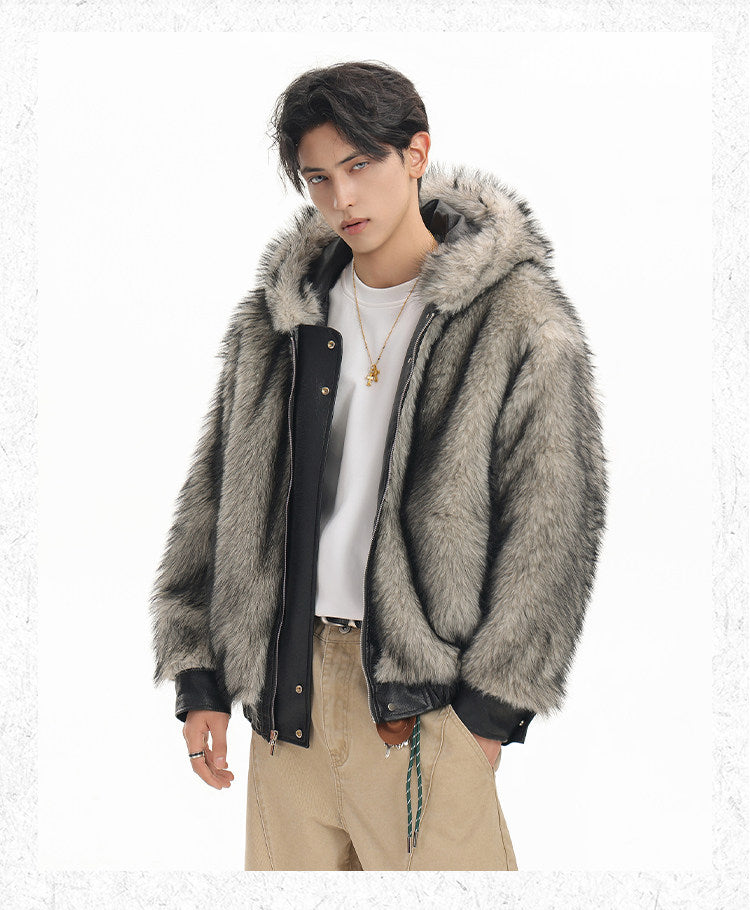 Amerikanischer Hip-Hop-Mantel mit Litschi-Muster, PU-Sitz, Bergmotiv, wattiert, trendige Herrenjacke mit Kapuze und Kapuze, SIN0899