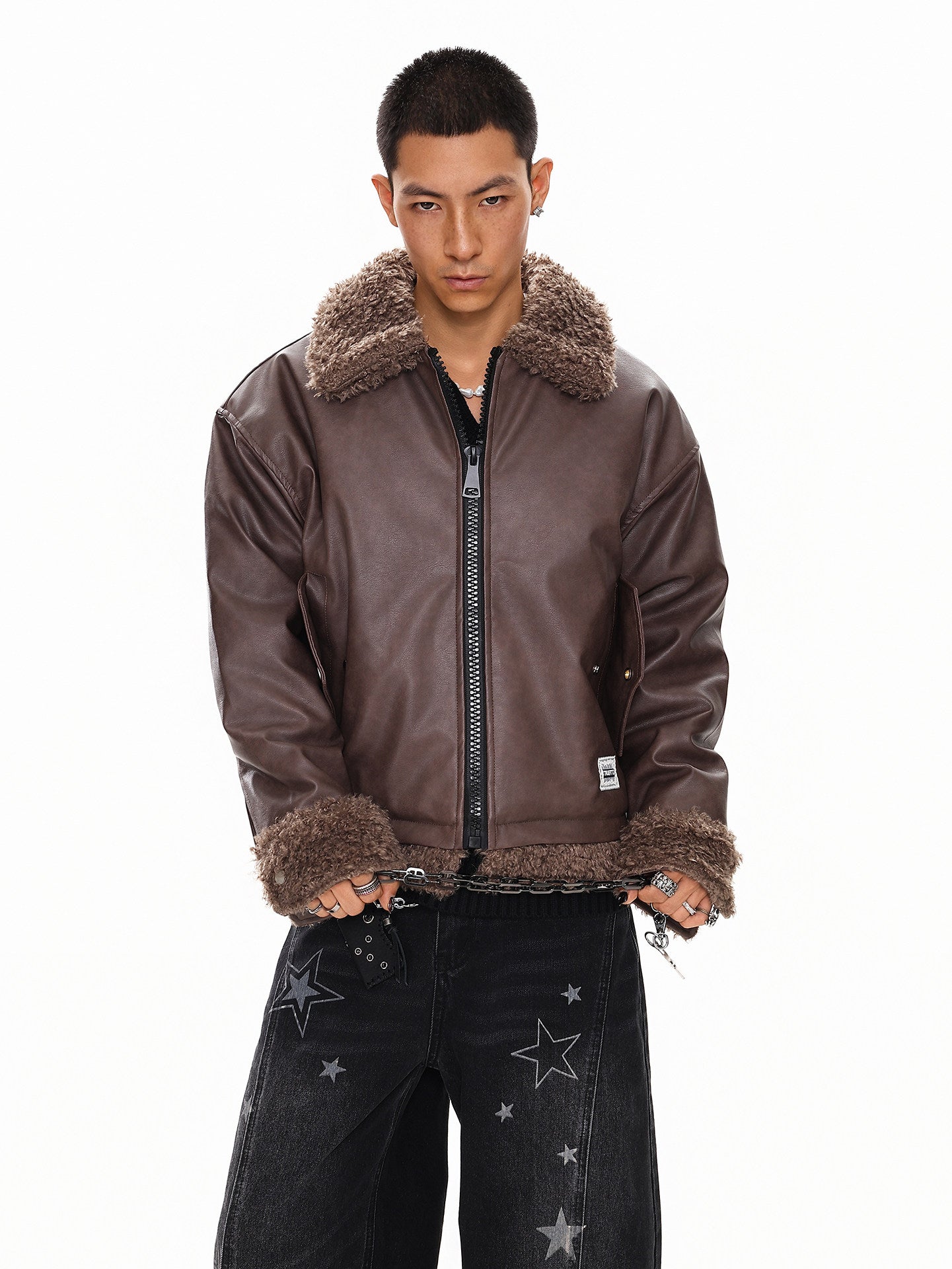 Vintage brown Shearling Collar Faux Leather Jacket EHW5017