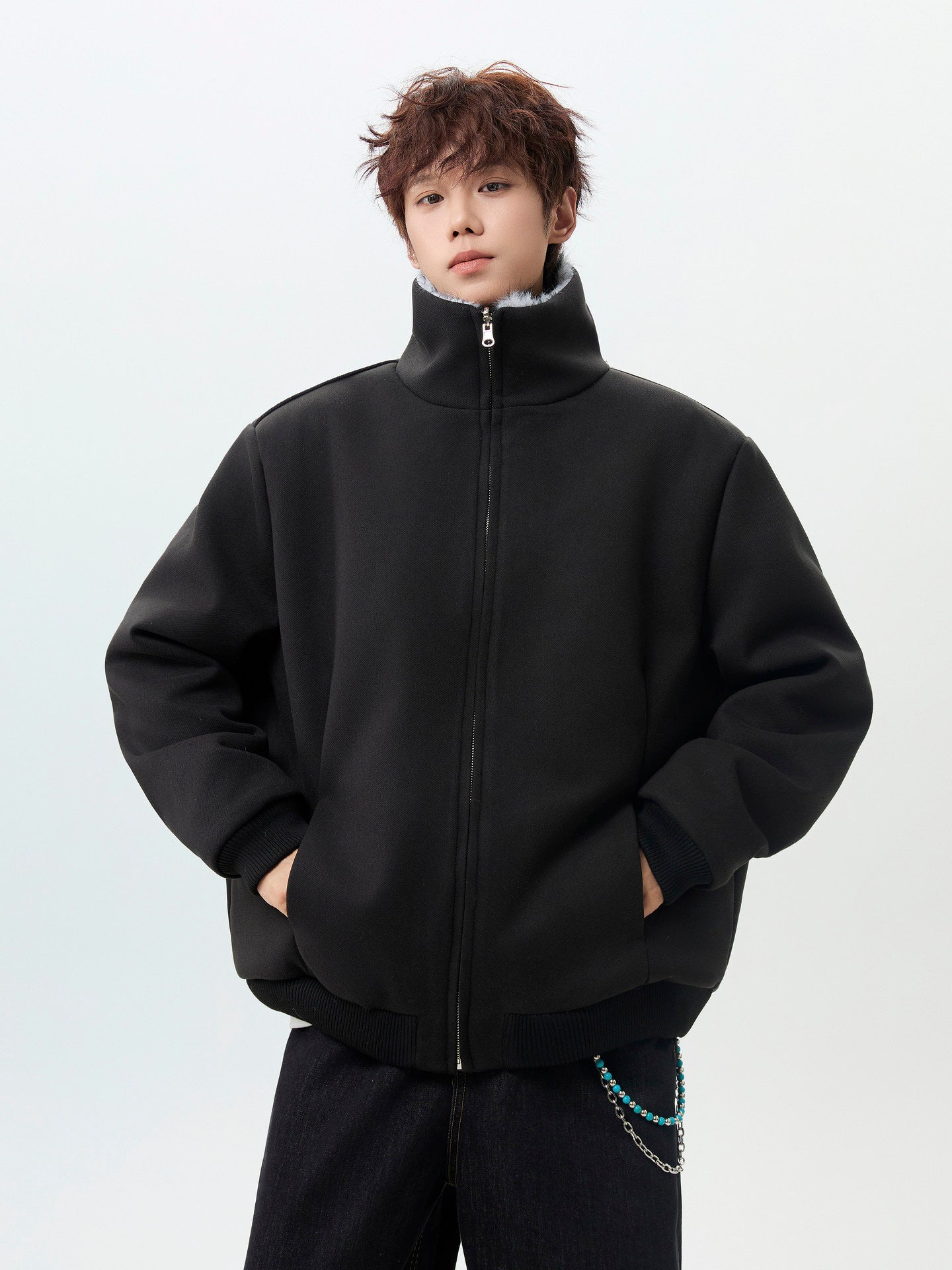 BOMBER JACKET WITH FAUX FUR COLLAR-STREET STYLE WARM ZIP-UP OUTWEAR EHW5012