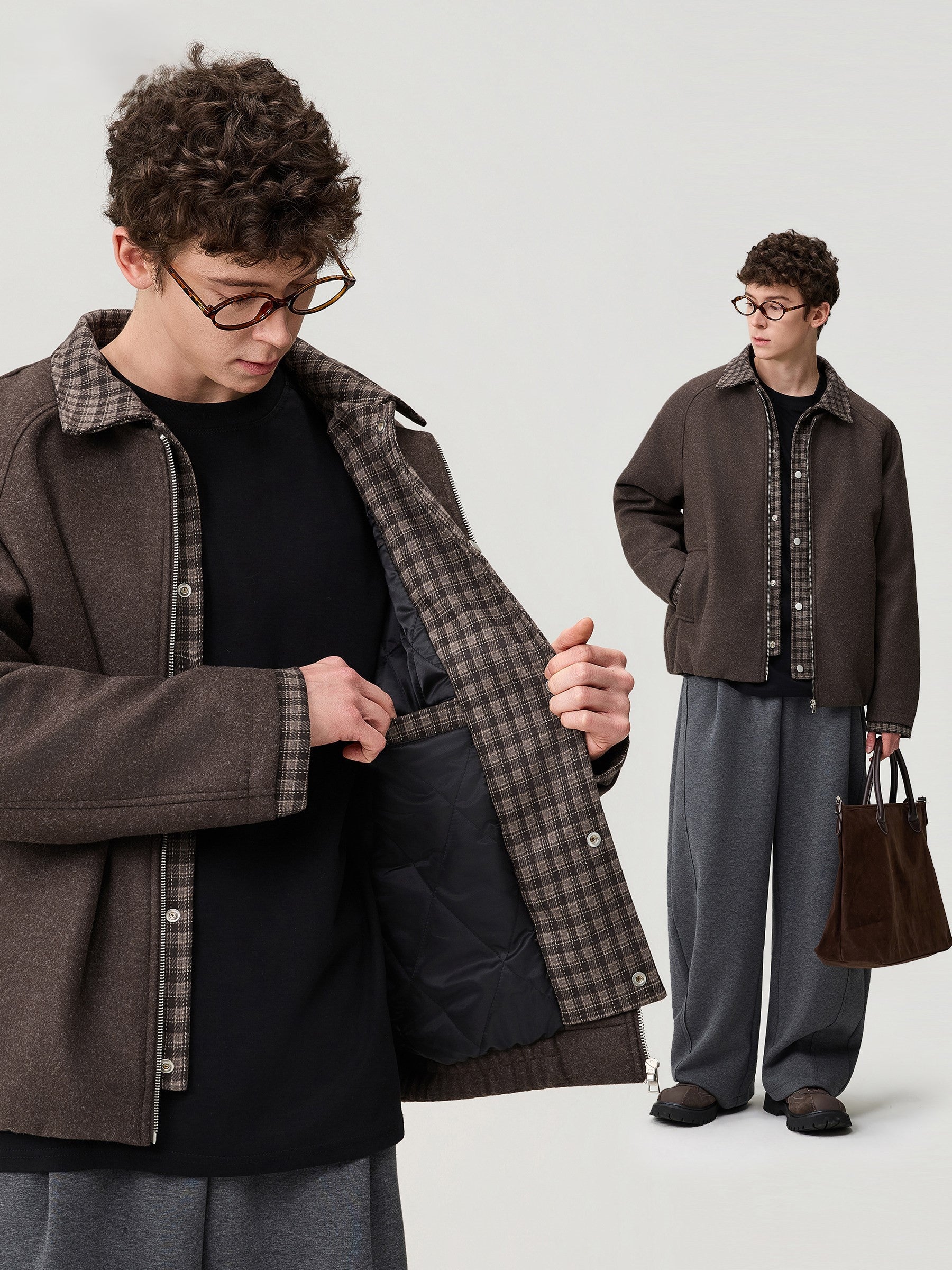 VINTAGE TWO-IN-ONE PLAID COLLR BOMBER OVERSIZED UNISEX STREET JACKET EHW5003