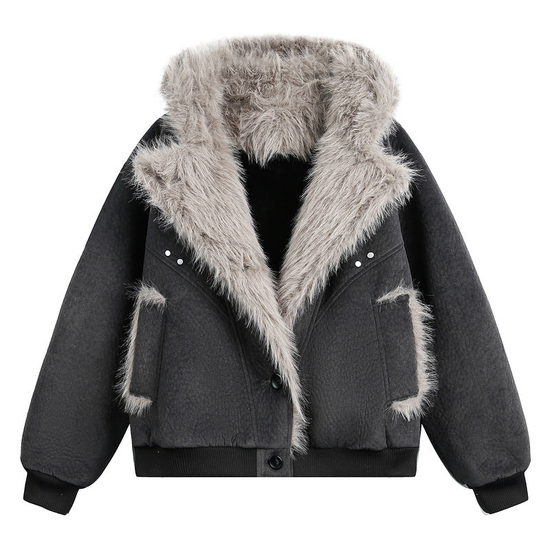 FAUX SHEARLING HOODED JACKET-FUZZY COLLAR&CONTRAST DETAILS, OVERSIZED WARM OUTWEAR EHW5018