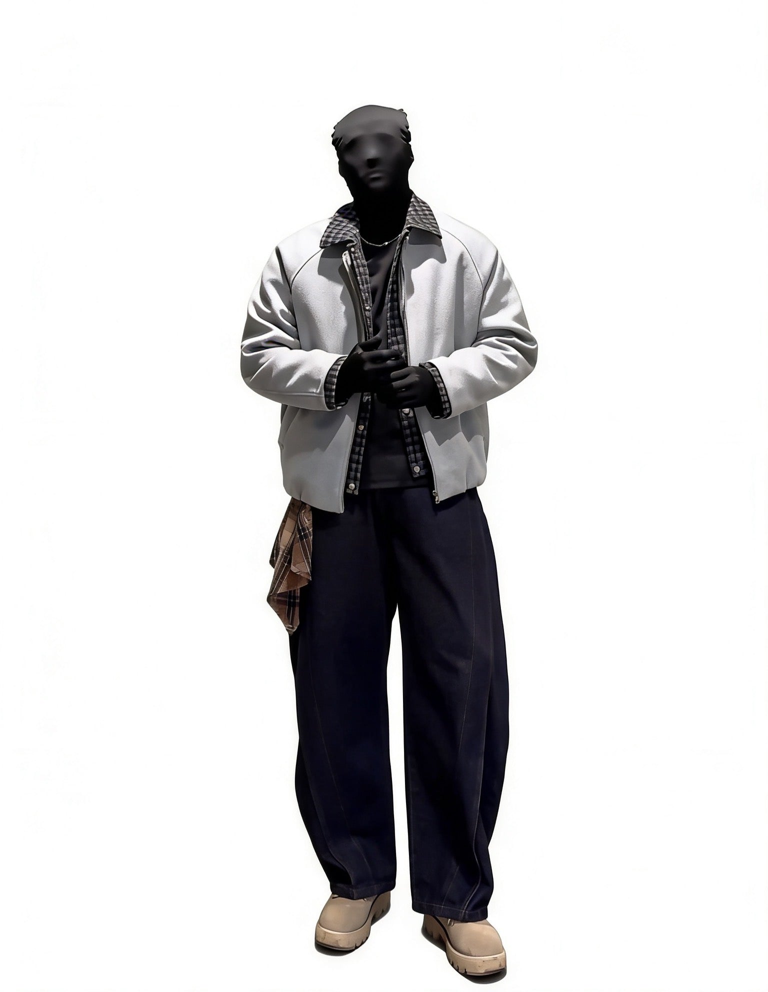 VINTAGE TWO-IN-ONE PLAID COLLR BOMBER OVERSIZED UNISEX STREET JACKET EHW5003