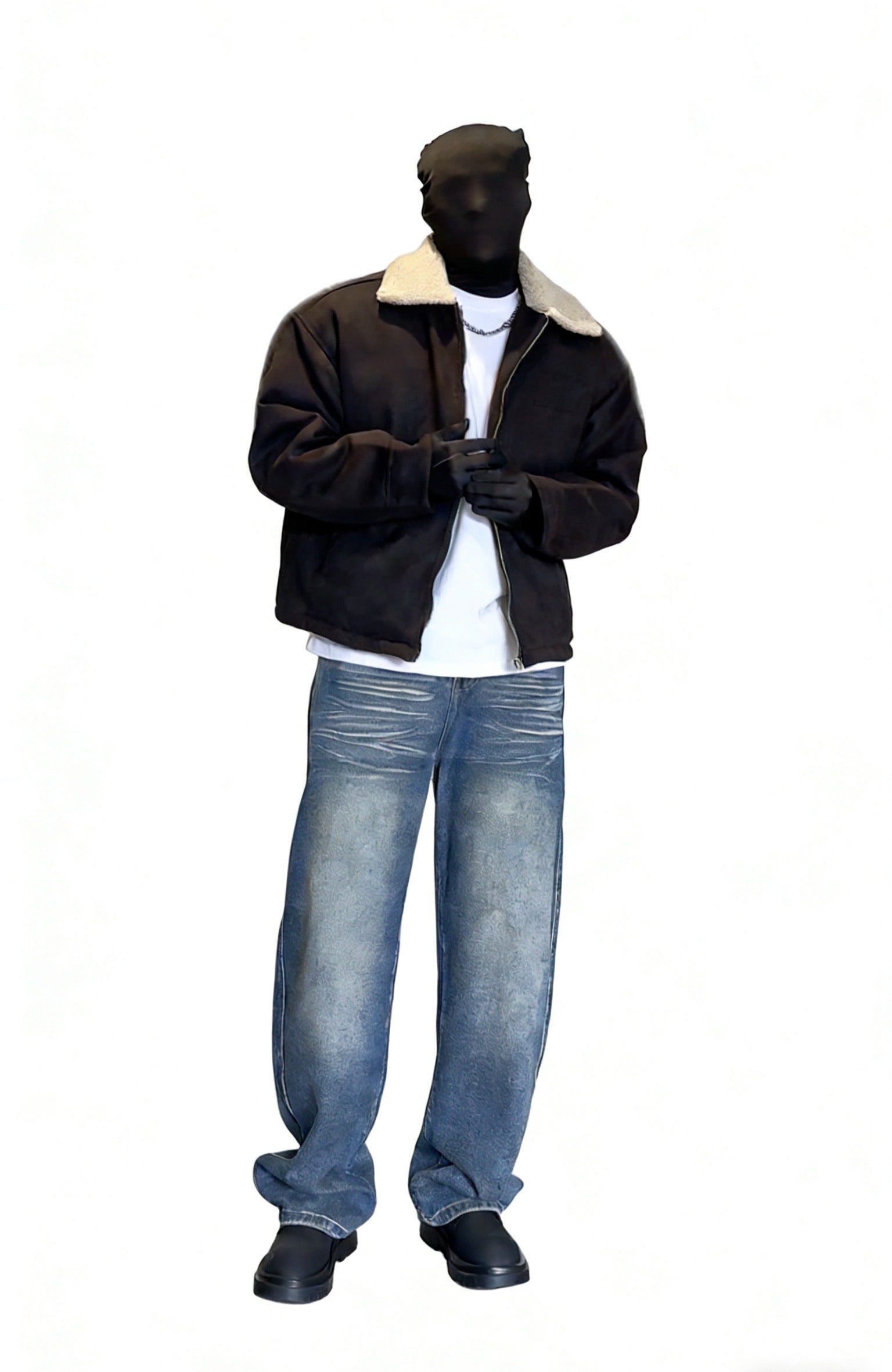 자수 장식 양털 칼라 스웨이드 재킷 - 레트로 봄버 스타일 EHW5015