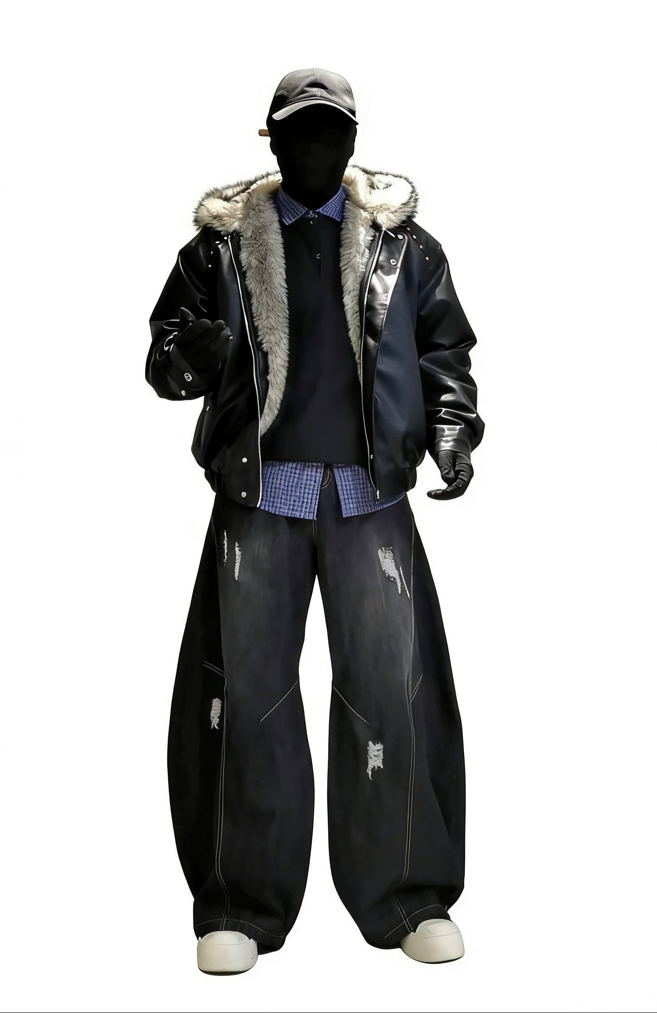 FAUX LEATHER FUZZY HOODED JACKET - EDGY STUDDED COAT EHW5026