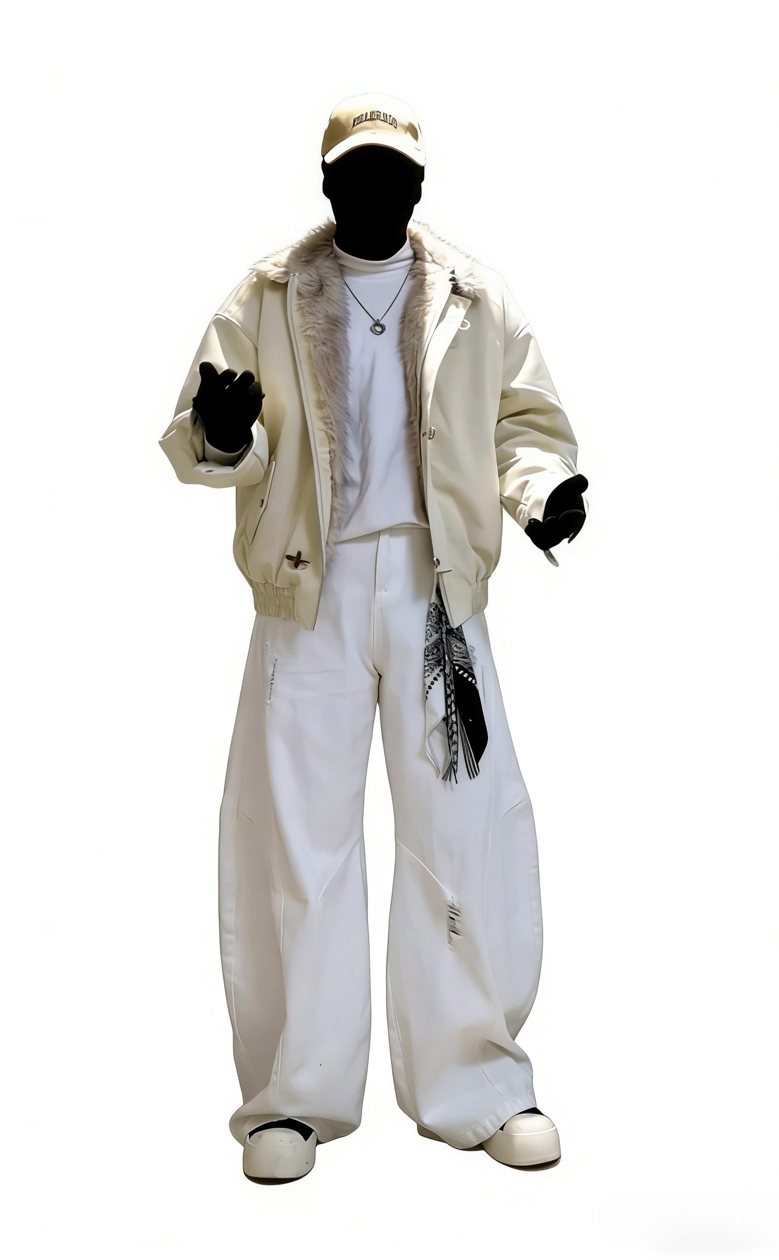 OVERSIZED BEIGE FAUX LEATHER BOMBER JACKET WITH FUR TRIM EHW5027