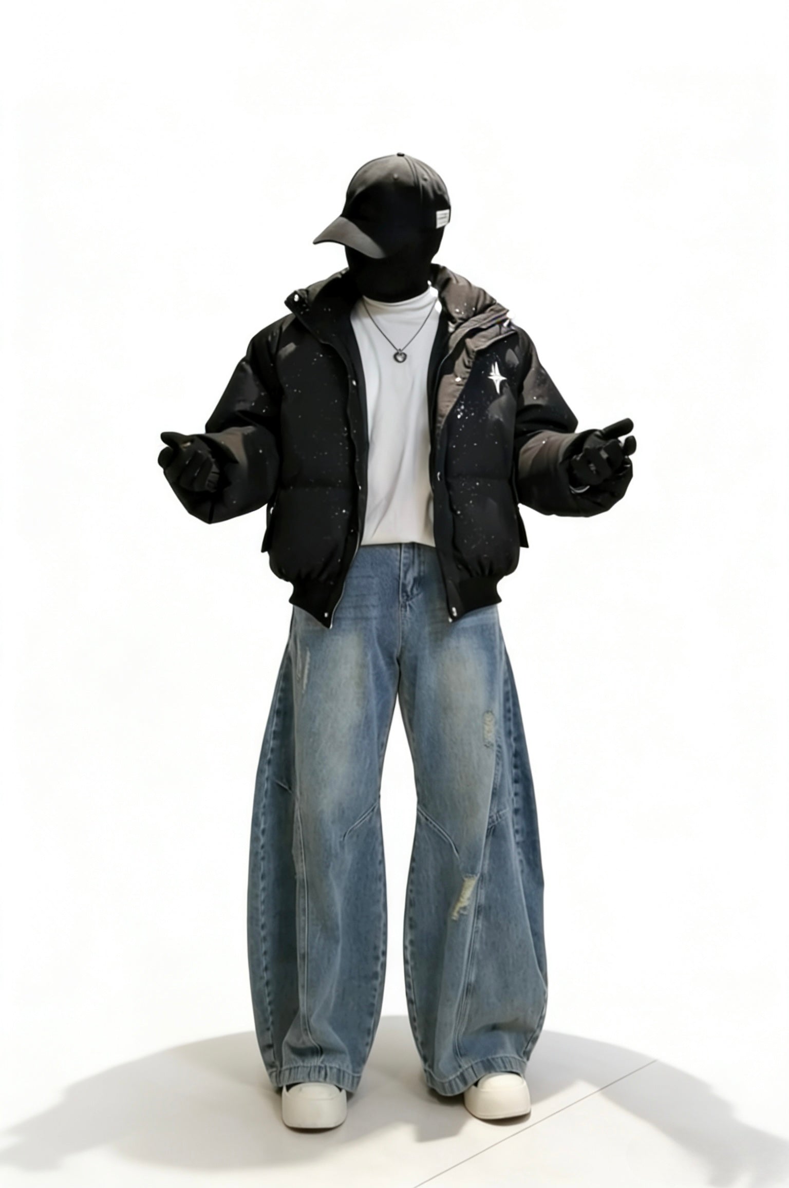 OVERSIZED BLACK PUFFER BOMBER JACKET WITH STAR DETAIL EHW5034