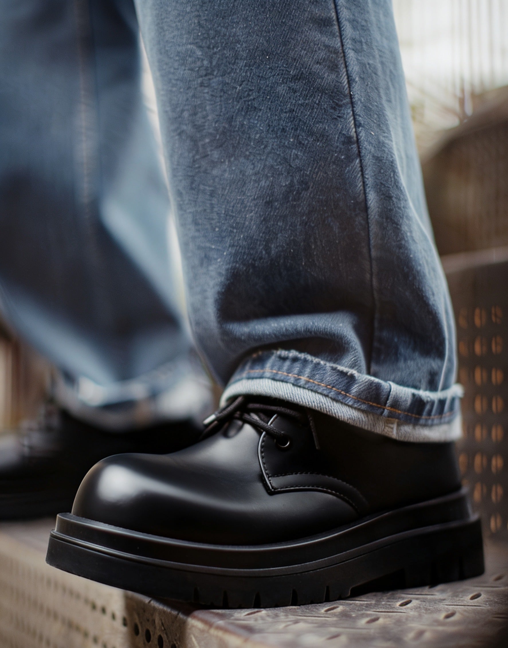 TOP-GRAIN LEATHER ROUND TOE PLATFORM DERBY SHOES EHX6001