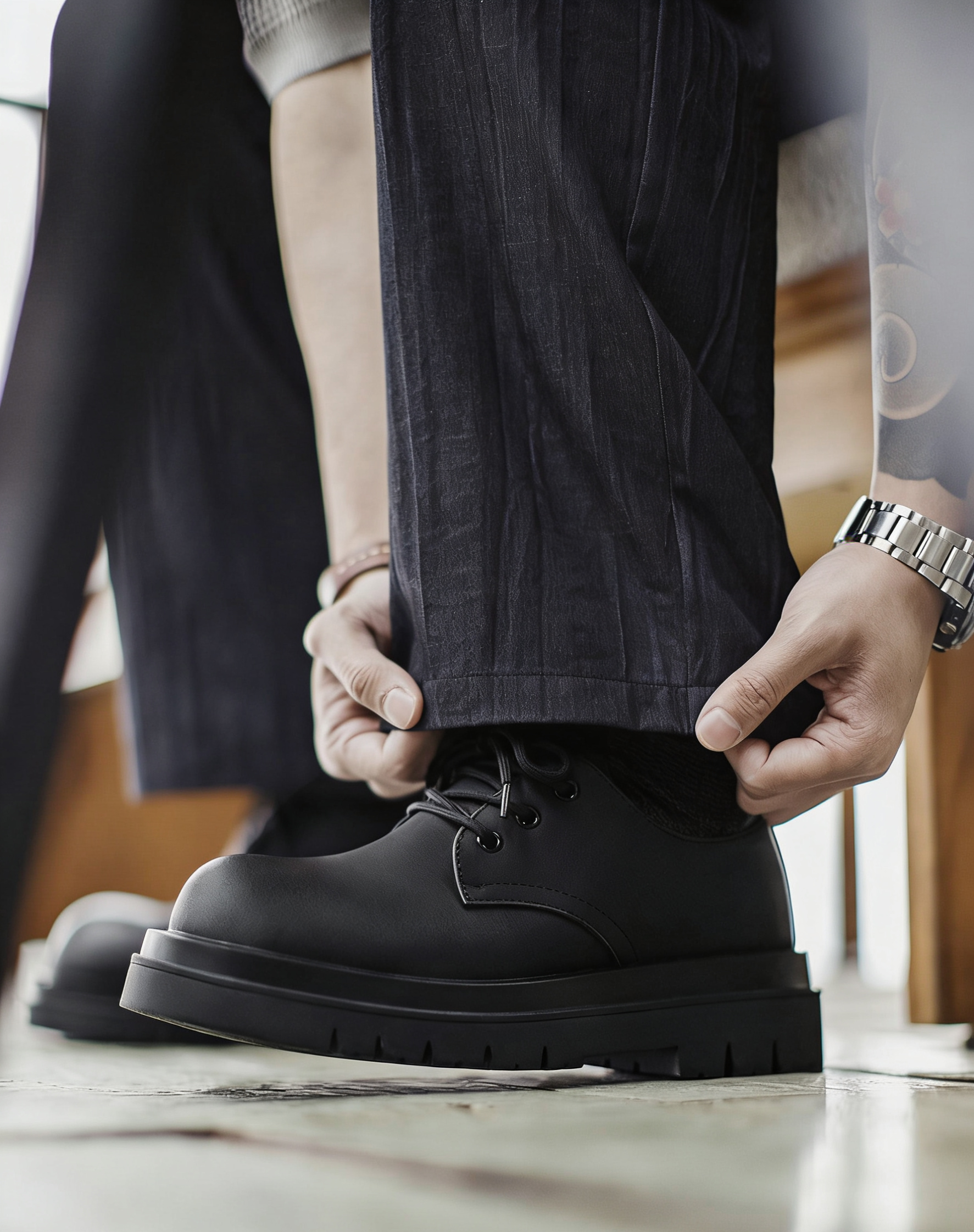 TOP-GRAIN LEATHER ROUND TOE PLATFORM DERBY SHOES EHX6001