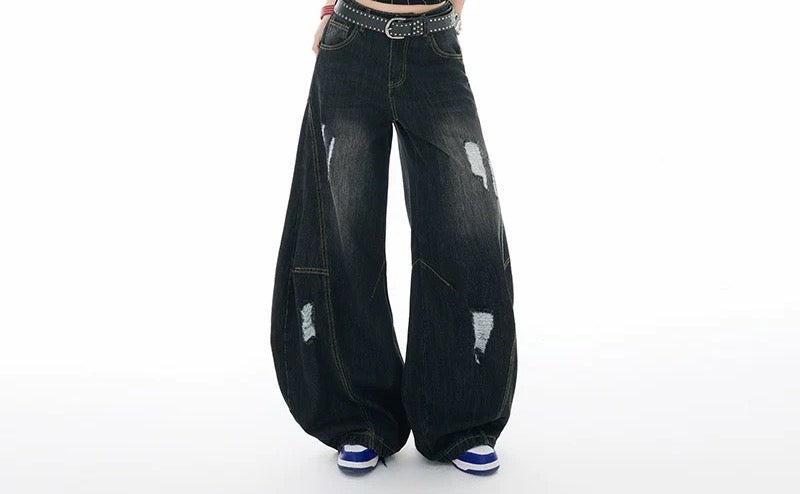 아메리칸 빈티지 찢어진 배기 와이드 레그 진 - 디스트레스드 플레어 컷 데님 팬츠 EHK5024