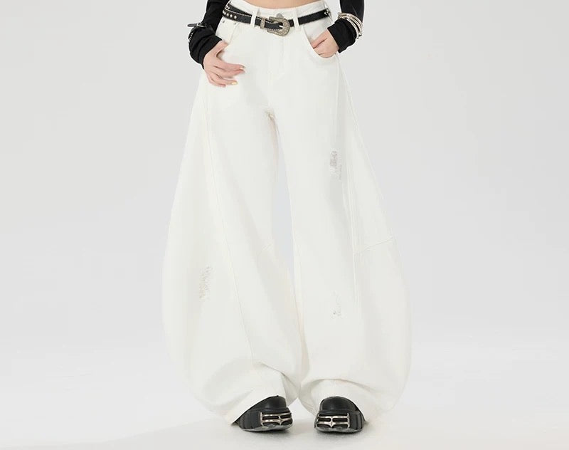 아메리칸 빈티지 찢어진 배기 와이드 레그 진 - 디스트레스드 플레어 컷 데님 팬츠 EHK5024