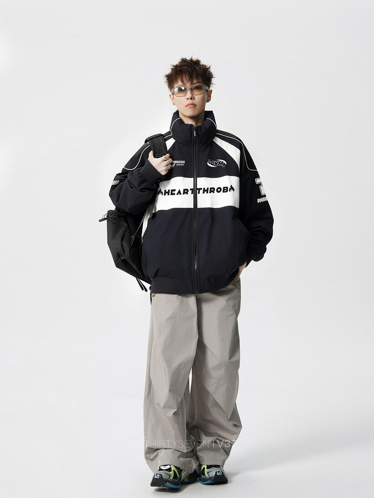 COLOR BLOCK PUFFER JACKET MEN'S STREETWEAR LETTER PRINT OVERSIZED COAT EHW5035