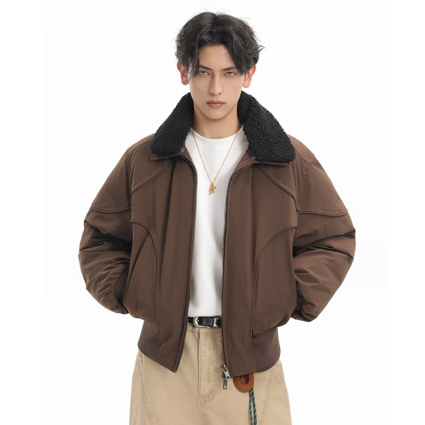 OVERSIZED BOMBER JACKET WITH REMOVABLE FLEECE COLLAR-CASUAL OUTERWEAR EHW5013