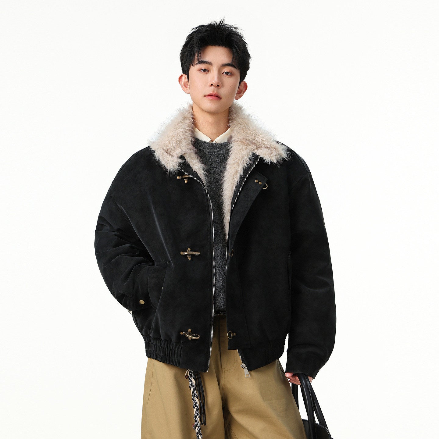 OVERSIZED BEIGE FAUX LEATHER BOMBER JACKET WITH FUR TRIM EHW5027