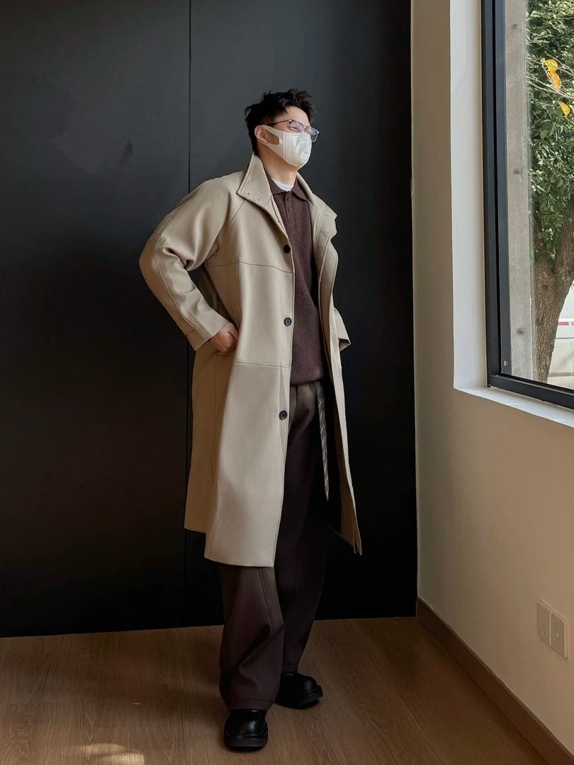 남성용 베이지 오버사이즈 울 트렌치 코트 - 레트로 롱라인 스타일 EHW5019