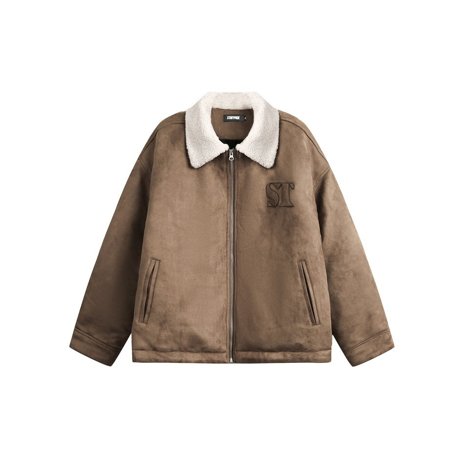 자수 장식 양털 칼라 스웨이드 재킷 - 레트로 봄버 스타일 EHW5015