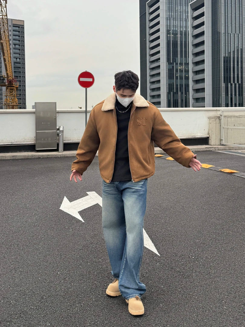 자수 장식 양털 칼라 스웨이드 재킷 - 레트로 봄버 스타일 EHW5015