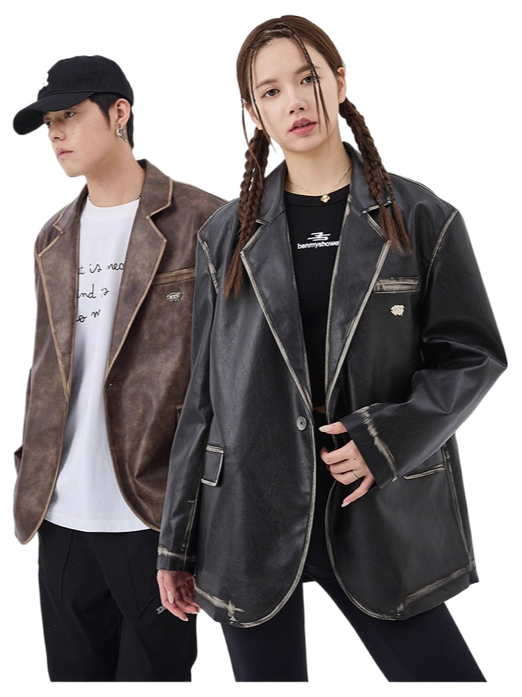 American retro Notting mountain leather suit for men and women, polished leather jacket