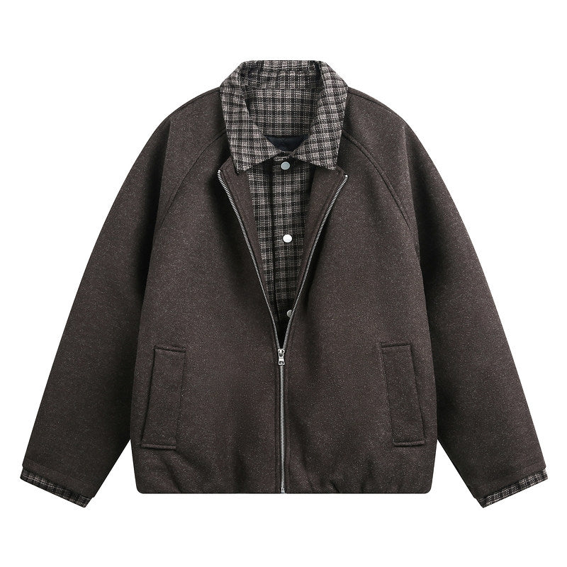 VINTAGE TWO-IN-ONE PLAID COLLR BOMBER OVERSIZED UNISEX STREET JACKET EHW5003