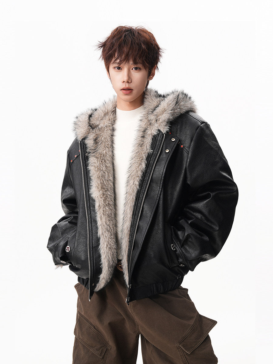 FAUX LEATHER FUZZY HOODED JACKET - EDGY STUDDED COAT EHW5026