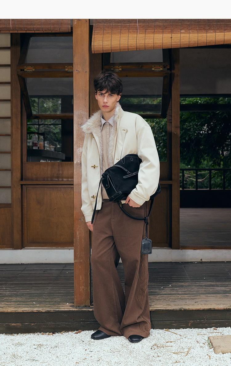 OVERSIZED BEIGE FAUX LEATHER BOMBER JACKET WITH FUR TRIM EHW5027