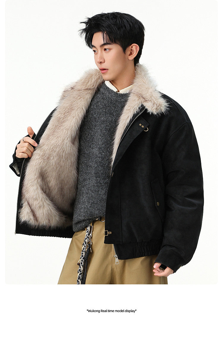 OVERSIZED BEIGE FAUX LEATHER BOMBER JACKET WITH FUR TRIM EHW5027