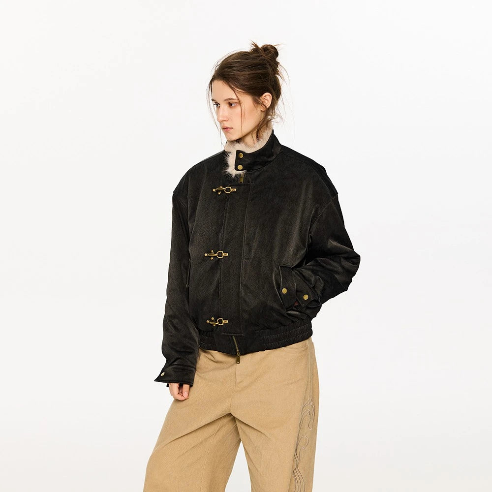 OVERSIZED BEIGE FAUX LEATHER BOMBER JACKET WITH FUR TRIM EHW5027